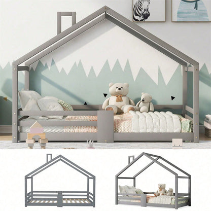 Kinderbett Hausbett mit Schornstein Rausfallschutz Robuste Lattenroste Kiefernholz Haus Bett for Kids, 90 x 200 cm ohne Matratze, Grau