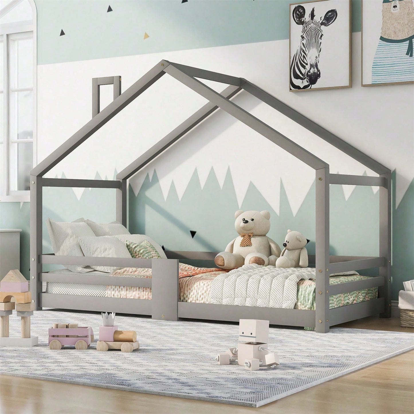 Kinderbett Hausbett mit Schornstein Rausfallschutz Robuste Lattenroste Kiefernholz Haus Bett for Kids, 90 x 200 cm ohne Matratze, Grau