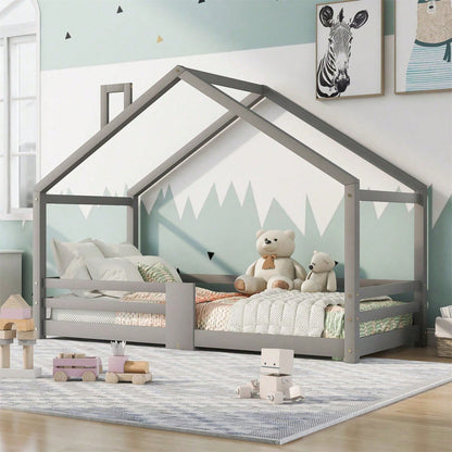 Kinderbett Hausbett mit Schornstein Rausfallschutz Robuste Lattenroste Kiefernholz Haus Bett for Kids, 90 x 200 cm ohne Matratze, Grau