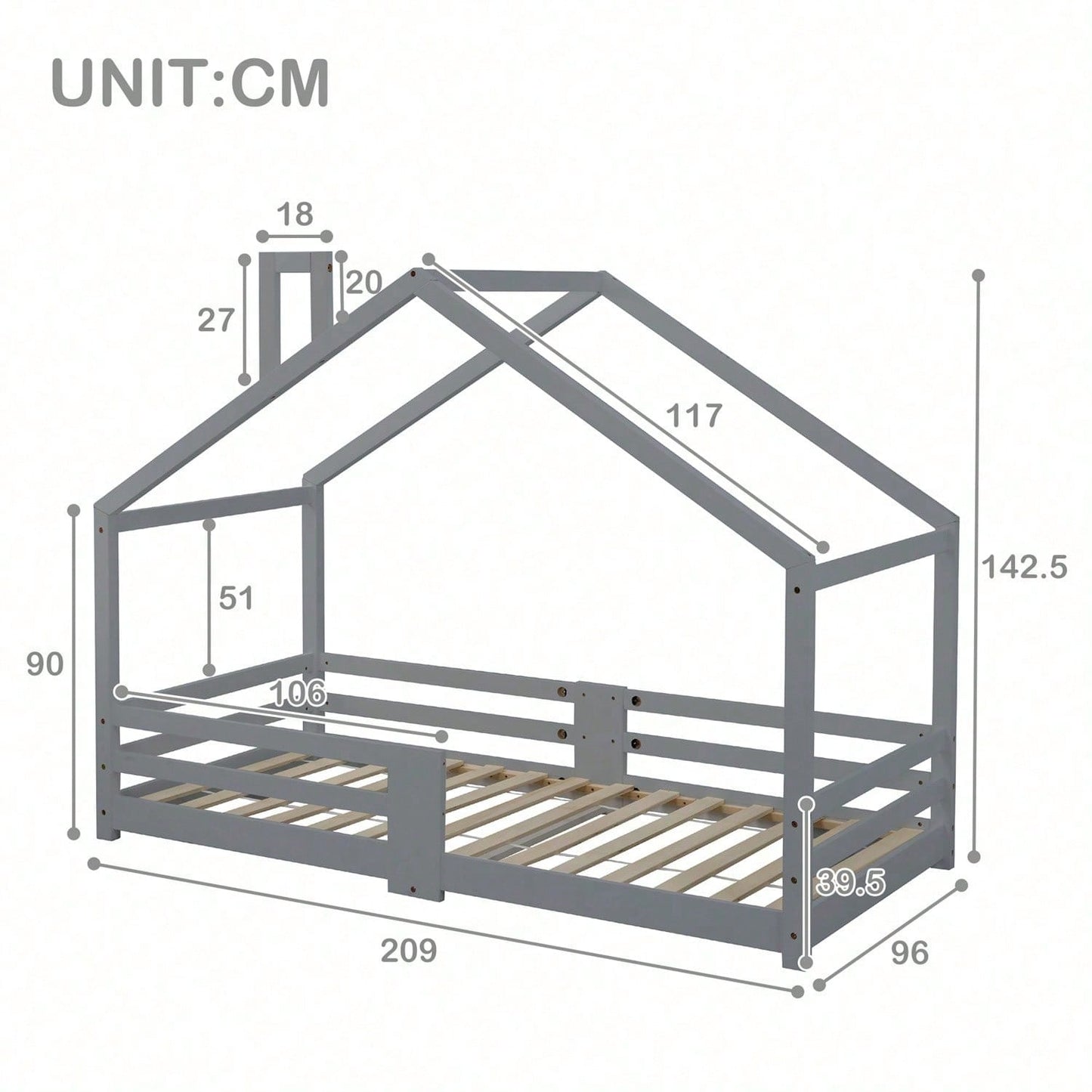 Kinderbett Hausbett mit Schornstein Rausfallschutz Robuste Lattenroste Kiefernholz Haus Bett for Kids, 90 x 200 cm ohne Matratze, Grau