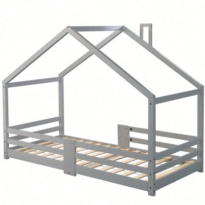 Kinderbett Hausbett mit Schornstein Rausfallschutz Robuste Lattenroste Kiefernholz Haus Bett for Kids, 90 x 200 cm ohne Matratze, Grau