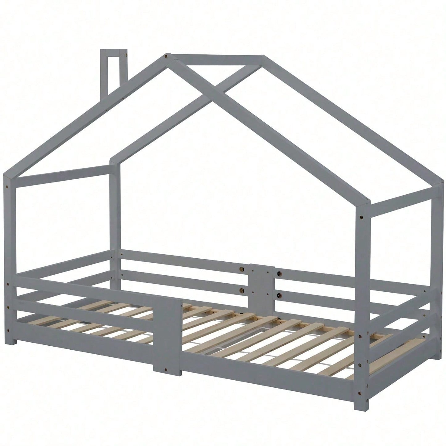 Kinderbett Hausbett mit Schornstein Rausfallschutz Robuste Lattenroste Kiefernholz Haus Bett for Kids, 90 x 200 cm ohne Matratze, Grau