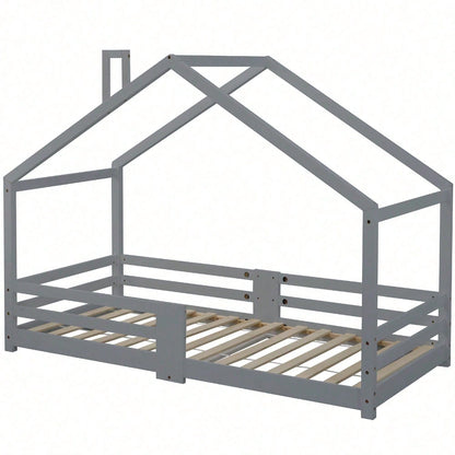 Kinderbett Hausbett mit Schornstein Rausfallschutz Robuste Lattenroste Kiefernholz Haus Bett for Kids, 90 x 200 cm ohne Matratze, Grau