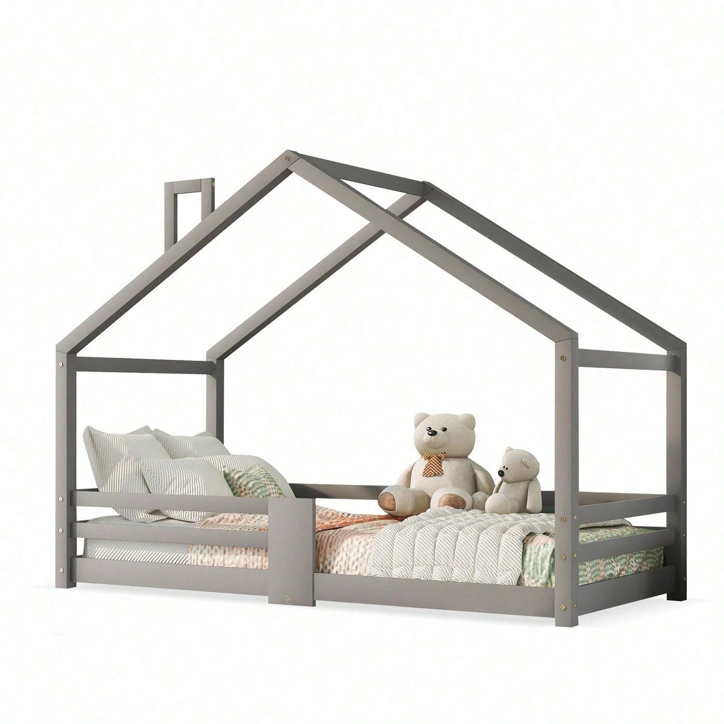 Kinderbett Hausbett mit Schornstein Rausfallschutz Robuste Lattenroste Kiefernholz Haus Bett for Kids, 90 x 200 cm ohne Matratze, Grau