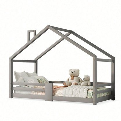 Kinderbett Hausbett mit Schornstein Rausfallschutz Robuste Lattenroste Kiefernholz Haus Bett for Kids, 90 x 200 cm ohne Matratze, Grau