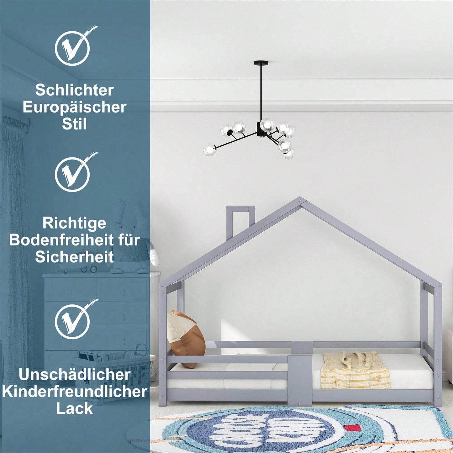 Kinderbett Hausbett mit Schornstein Rausfallschutz Robuste Lattenroste Kiefernholz Haus Bett for Kids, 90 x 200 cm ohne Matratze, Grau