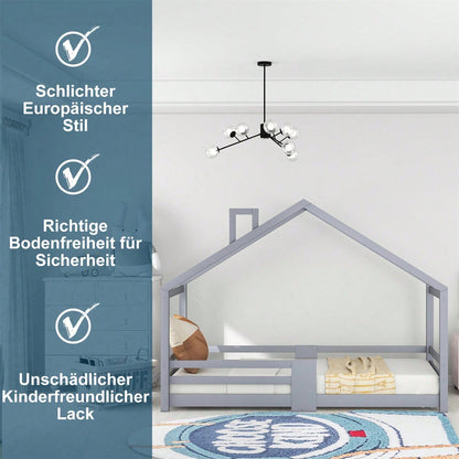 Kinderbett Hausbett mit Schornstein Rausfallschutz Robuste Lattenroste Kiefernholz Haus Bett for Kids, 90 x 200 cm ohne Matratze, Grau