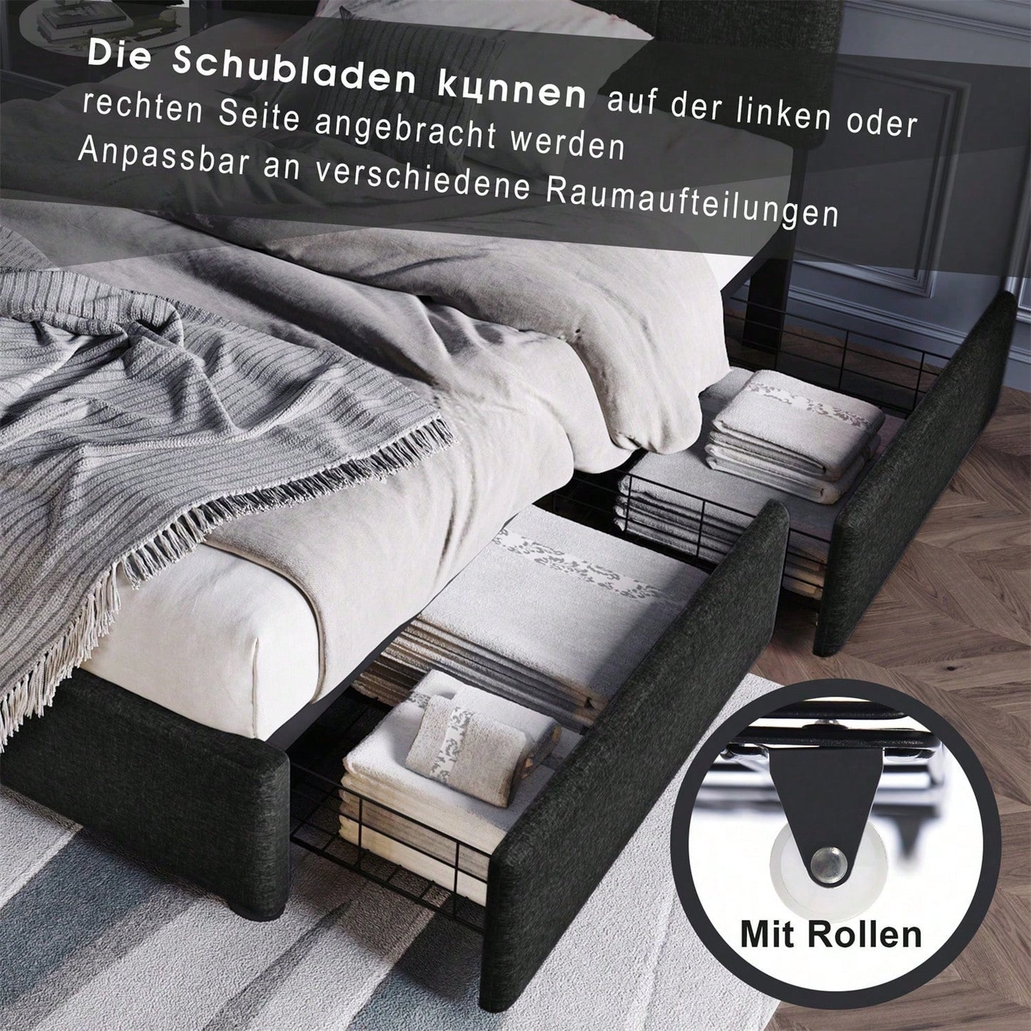 Bettgestell mit LED-Beleuchtung und 2 Schubladen, Einzelbett Polsterbett 90x200cm, Höhenverstellbarem Kopfteil, Lattenrost aus Holz, Grau