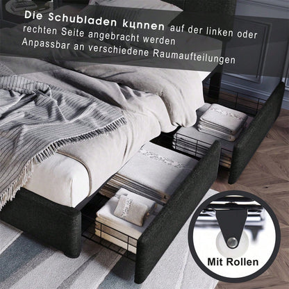 Bettgestell mit LED-Beleuchtung und 2 Schubladen, Einzelbett Polsterbett 90x200cm, Höhenverstellbarem Kopfteil, Lattenrost aus Holz, Grau