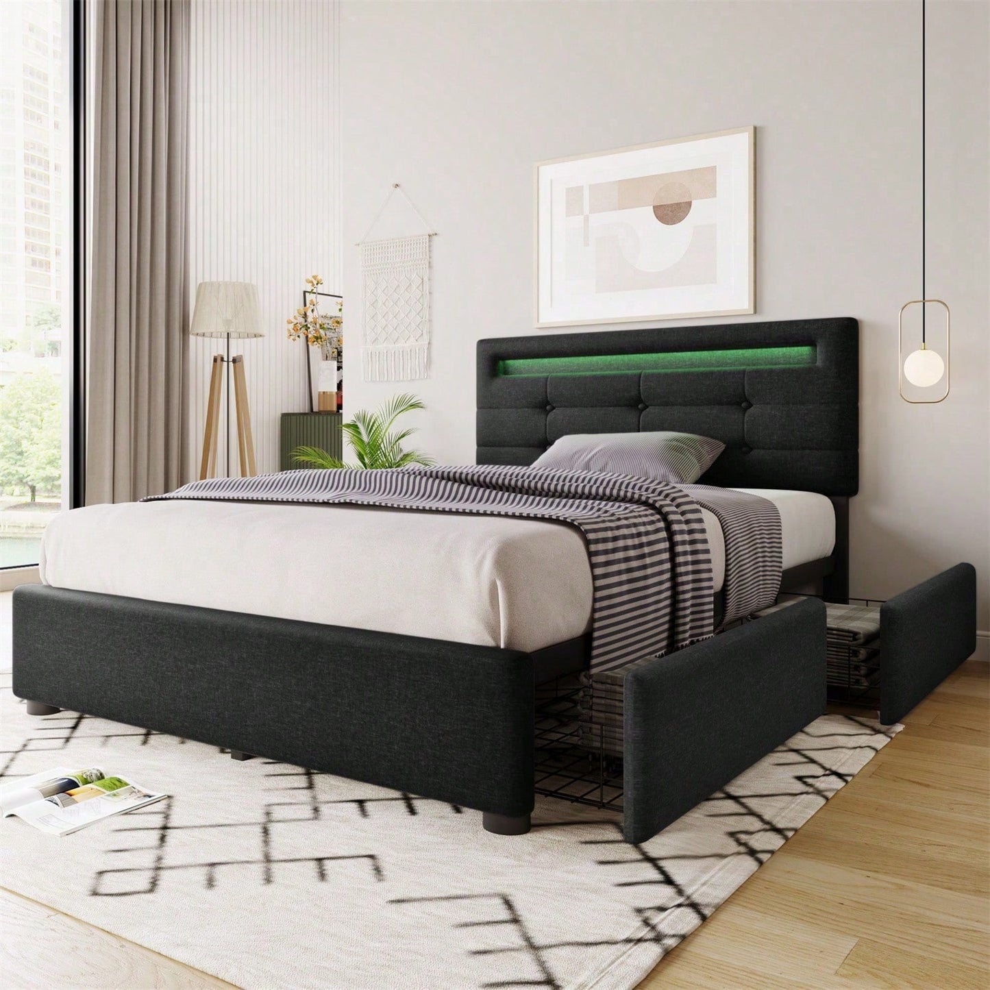 Bettgestell mit LED-Beleuchtung und 2 Schubladen, Einzelbett Polsterbett 90x200cm, Höhenverstellbarem Kopfteil, Lattenrost aus Holz, Grau