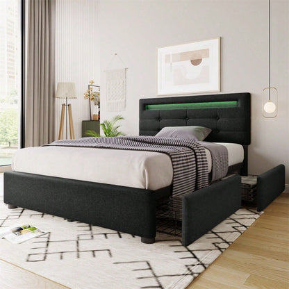 Bettgestell mit LED-Beleuchtung und 2 Schubladen, Einzelbett Polsterbett 90x200cm, Höhenverstellbarem Kopfteil, Lattenrost aus Holz, Grau