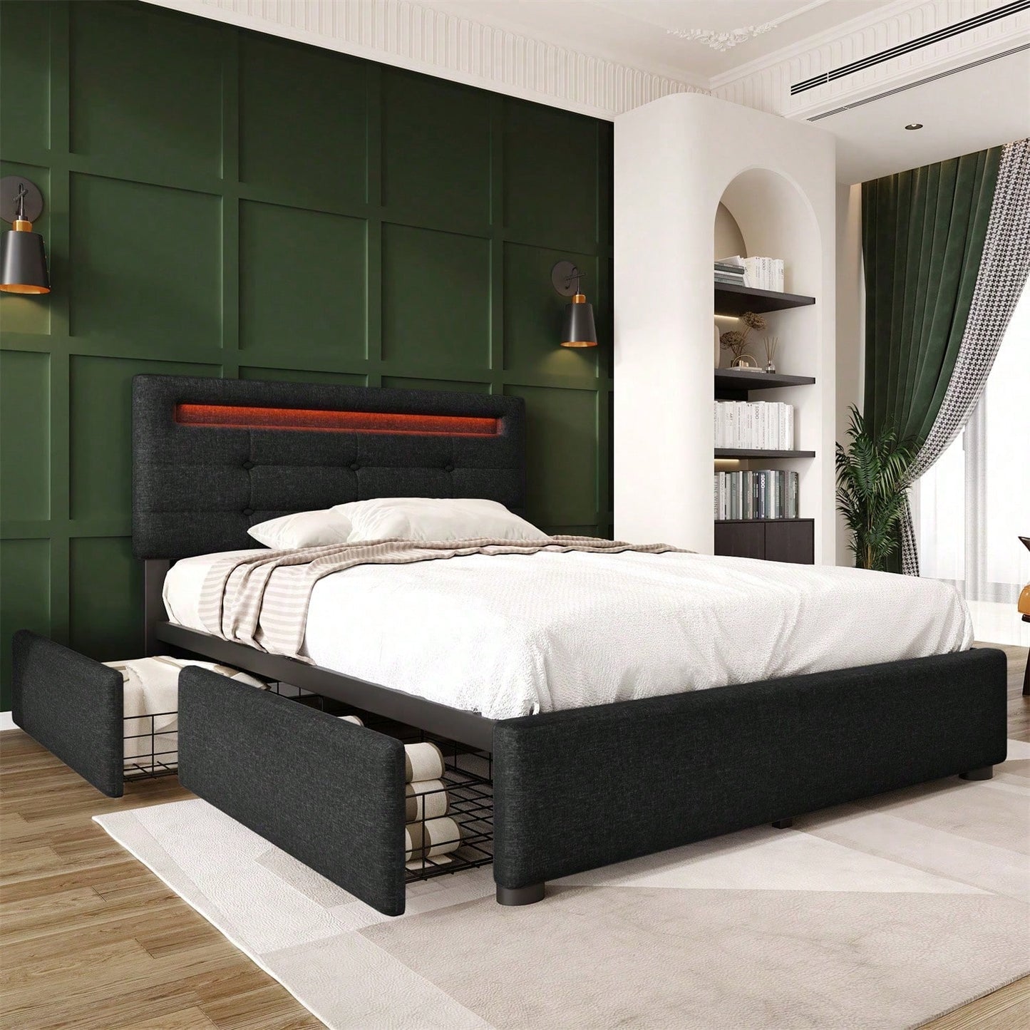 Bettgestell mit LED-Beleuchtung und 2 Schubladen, Einzelbett Polsterbett 90x200cm, Höhenverstellbarem Kopfteil, Lattenrost aus Holz, Grau