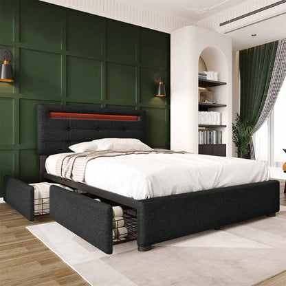 Bettgestell mit LED-Beleuchtung und 2 Schubladen, Einzelbett Polsterbett 90x200cm, Höhenverstellbarem Kopfteil, Lattenrost aus Holz, Grau