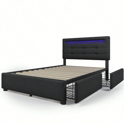 Bettgestell mit LED-Beleuchtung und 2 Schubladen, Einzelbett Polsterbett 90x200cm, Höhenverstellbarem Kopfteil, Lattenrost aus Holz, Grau
