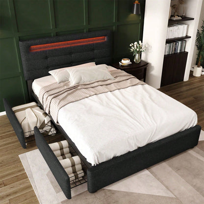Bettgestell mit LED-Beleuchtung und 2 Schubladen, Einzelbett Polsterbett 90x200cm, Höhenverstellbarem Kopfteil, Lattenrost aus Holz, Grau