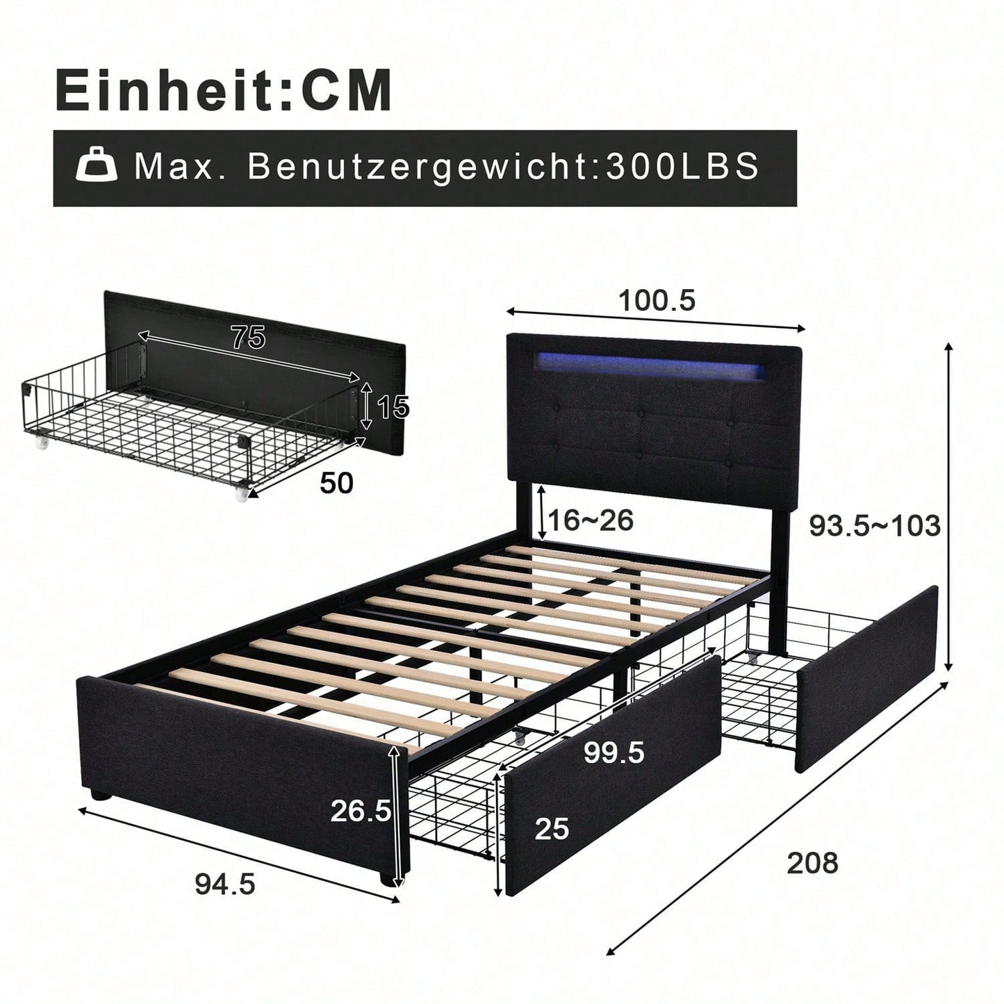 Bettgestell mit LED-Beleuchtung und 2 Schubladen, Einzelbett Polsterbett 90x200cm, Höhenverstellbarem Kopfteil, Lattenrost aus Holz, Grau
