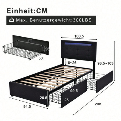 Bettgestell mit LED-Beleuchtung und 2 Schubladen, Einzelbett Polsterbett 90x200cm, Höhenverstellbarem Kopfteil, Lattenrost aus Holz, Grau