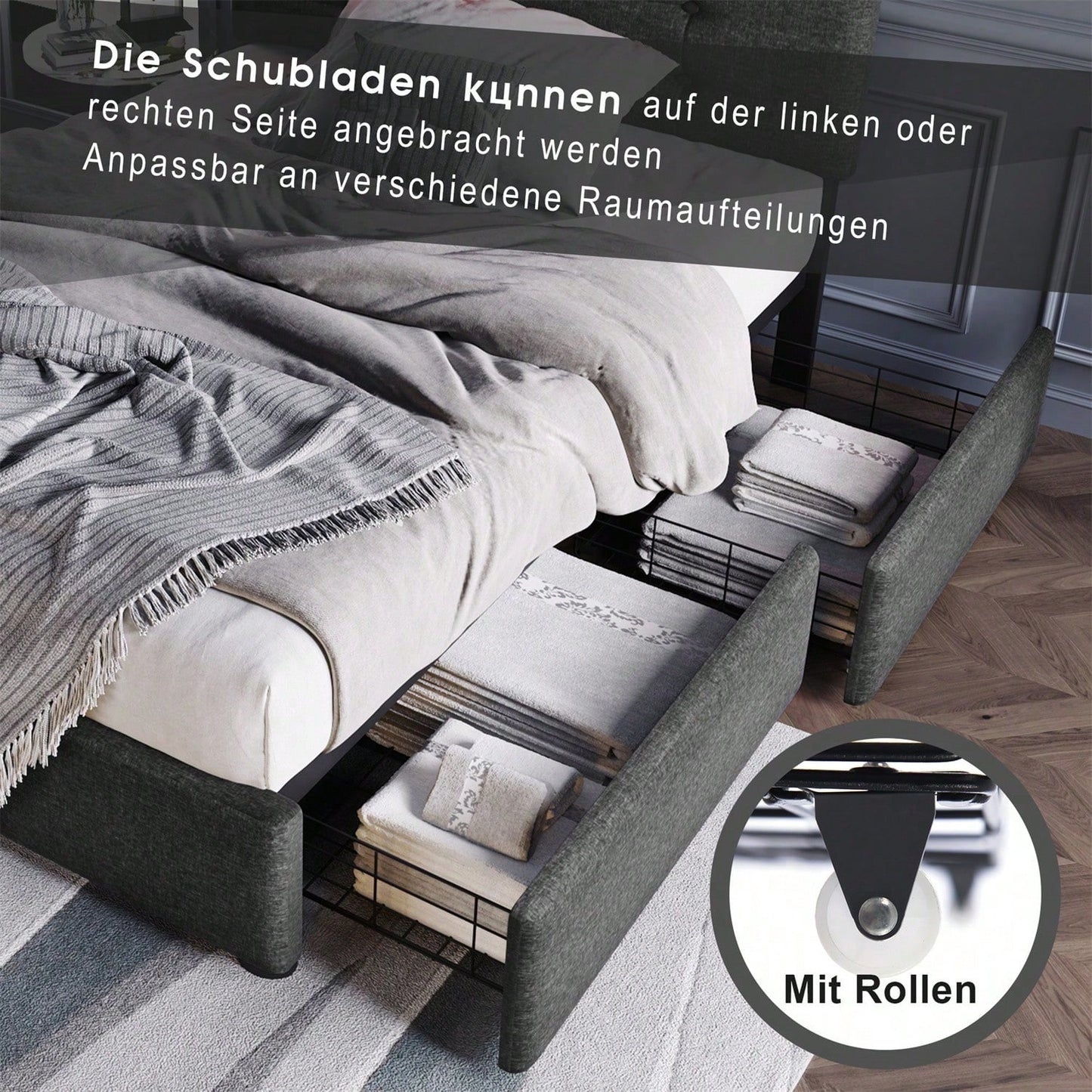 Bettgestell mit LED-Beleuchtung und 2 Schubladen, Einzelbett Polsterbett 90x200cm, Höhenverstellbarem Kopfteil, Lattenrost aus Holz, Grau