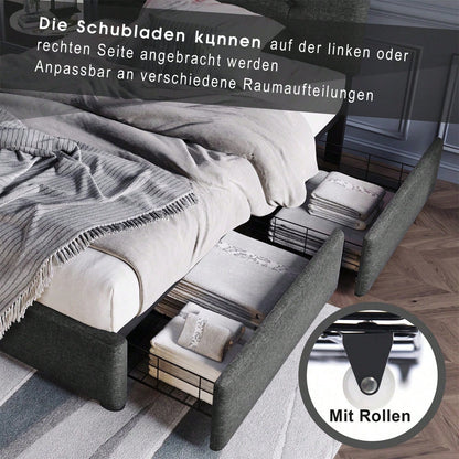 Bettgestell mit LED-Beleuchtung und 2 Schubladen, Einzelbett Polsterbett 90x200cm, Höhenverstellbarem Kopfteil, Lattenrost aus Holz, Grau