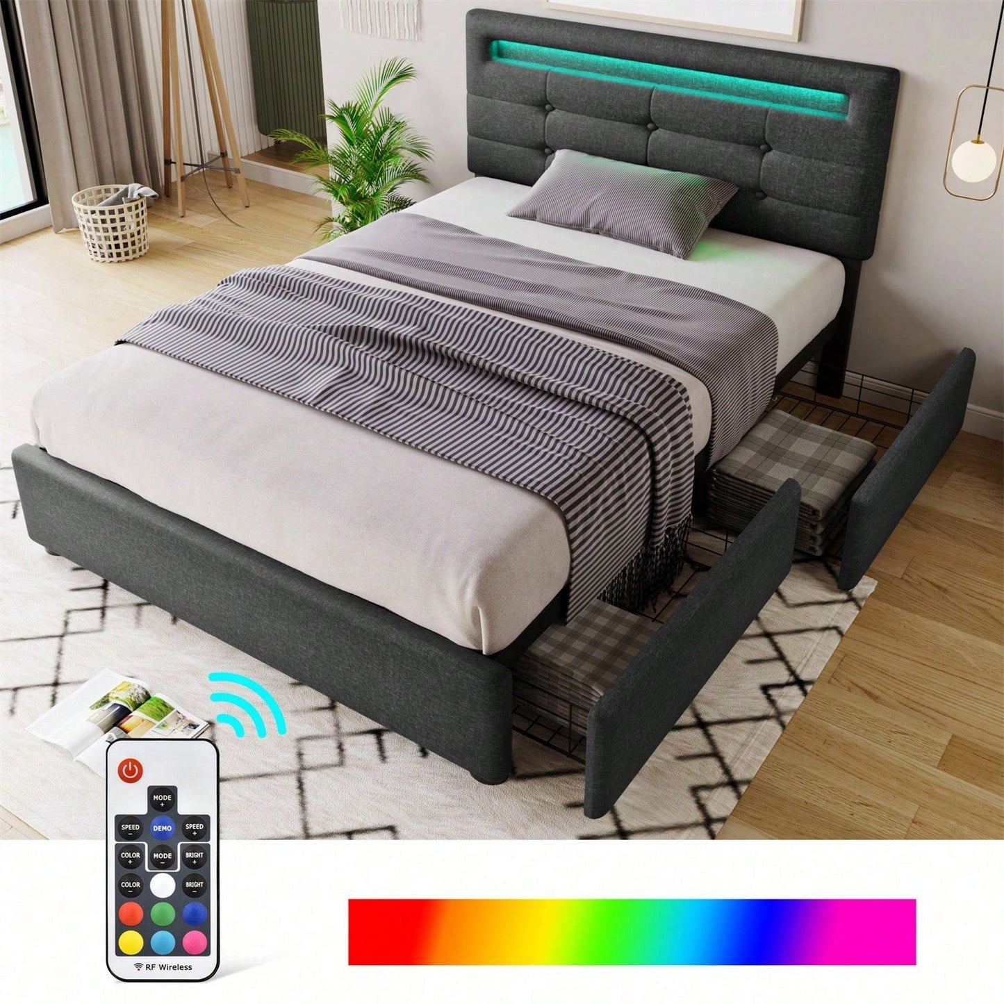 Bettgestell mit LED-Beleuchtung und 2 Schubladen, Einzelbett Polsterbett 90x200cm, Höhenverstellbarem Kopfteil, Lattenrost aus Holz, Grau