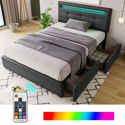 Bettgestell mit LED-Beleuchtung und 2 Schubladen, Einzelbett Polsterbett 90x200cm, Höhenverstellbarem Kopfteil, Lattenrost aus Holz, Grau