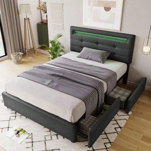 Bettgestell mit LED-Beleuchtung und 2 Schubladen, Einzelbett Polsterbett 90x200cm, Höhenverstellbarem Kopfteil, Lattenrost aus Holz, Grau