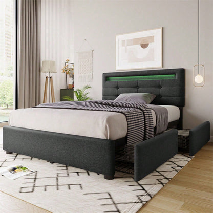Bettgestell mit LED-Beleuchtung und 2 Schubladen, Einzelbett Polsterbett 90x200cm, Höhenverstellbarem Kopfteil, Lattenrost aus Holz, Grau