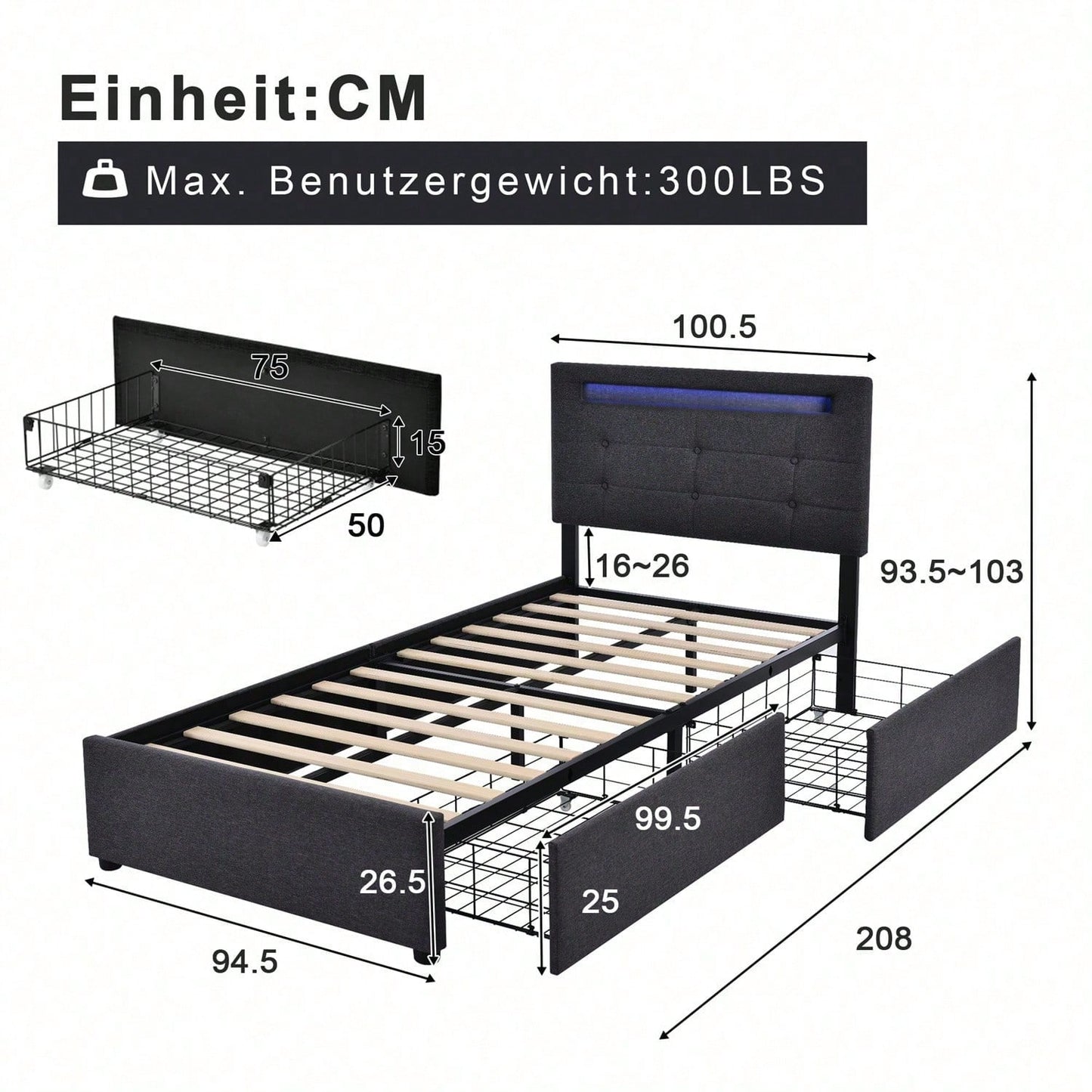 Bettgestell mit LED-Beleuchtung und 2 Schubladen, Einzelbett Polsterbett 90x200cm, Höhenverstellbarem Kopfteil, Lattenrost aus Holz, Grau