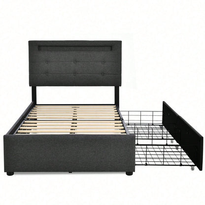 Bettgestell mit LED-Beleuchtung und 2 Schubladen, Einzelbett Polsterbett 90x200cm, Höhenverstellbarem Kopfteil, Lattenrost aus Holz, Grau