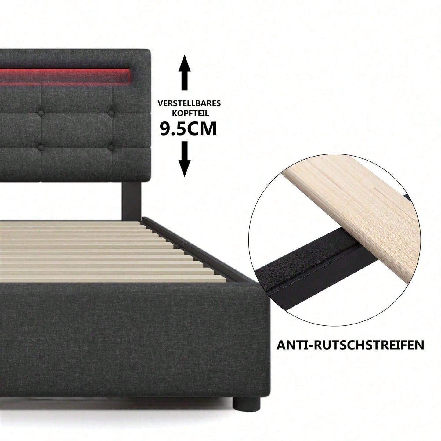 Bettgestell mit LED-Beleuchtung und 2 Schubladen, Einzelbett Polsterbett 90x200cm, Höhenverstellbarem Kopfteil, Lattenrost aus Holz, Grau