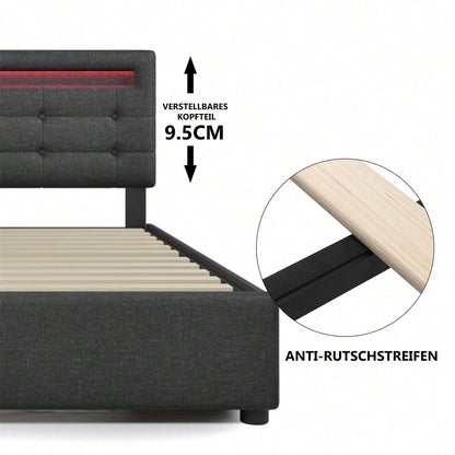 Bettgestell mit LED-Beleuchtung und 2 Schubladen, Einzelbett Polsterbett 90x200cm, Höhenverstellbarem Kopfteil, Lattenrost aus Holz, Grau