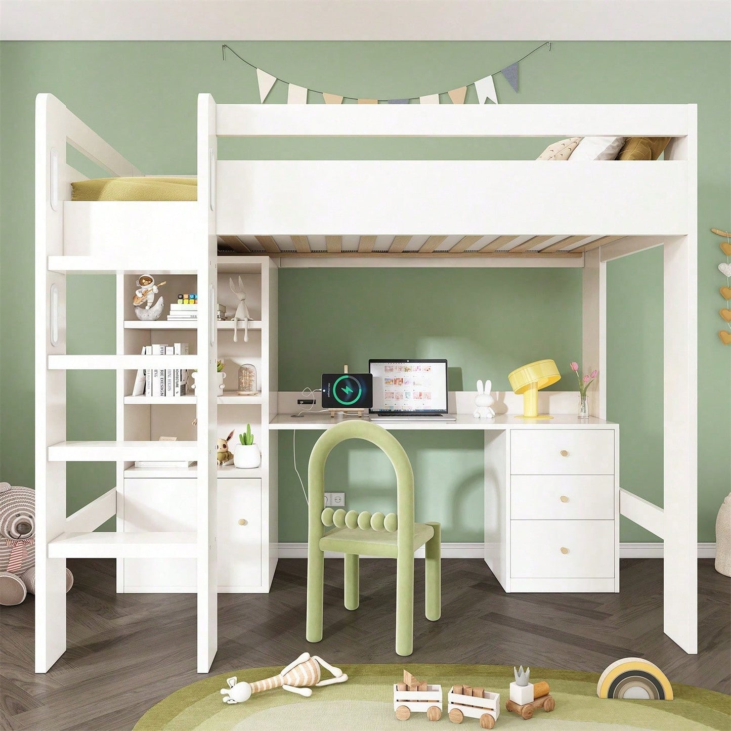 Kinderbett Hochbett mit USB-C Schreibtisch, Kleiderschrank und Aktenschrank, Jugendbett Einzelbett mit Treppe und Lattenrost, Stauraum,90*200, Ohne Matratze