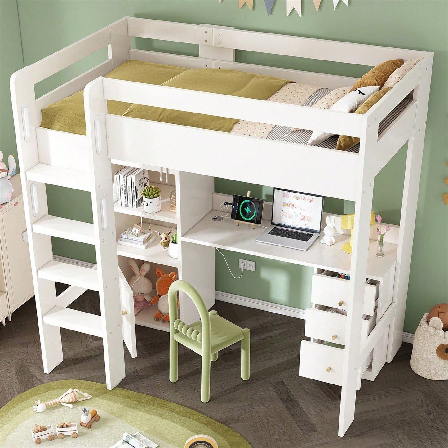 Kinderbett Hochbett mit USB-C Schreibtisch, Kleiderschrank und Aktenschrank, Jugendbett Einzelbett mit Treppe und Lattenrost, Stauraum,90*200, Ohne Matratze