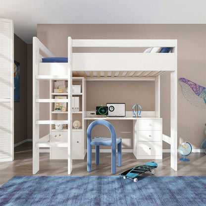 Kinderbett Hochbett mit USB-C Schreibtisch, Kleiderschrank und Aktenschrank, Jugendbett Einzelbett mit Treppe und Lattenrost, Stauraum,90*200, Ohne Matratze