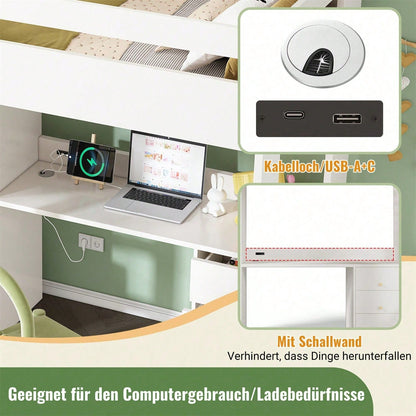 Kinderbett Hochbett mit USB-C Schreibtisch, Kleiderschrank und Aktenschrank, Jugendbett Einzelbett mit Treppe und Lattenrost, Stauraum,90*200, Ohne Matratze