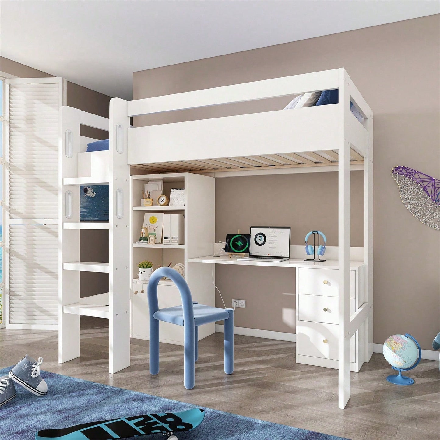 Kinderbett Hochbett mit USB-C Schreibtisch, Kleiderschrank und Aktenschrank, Jugendbett Einzelbett mit Treppe und Lattenrost, Stauraum,90*200, Ohne Matratze