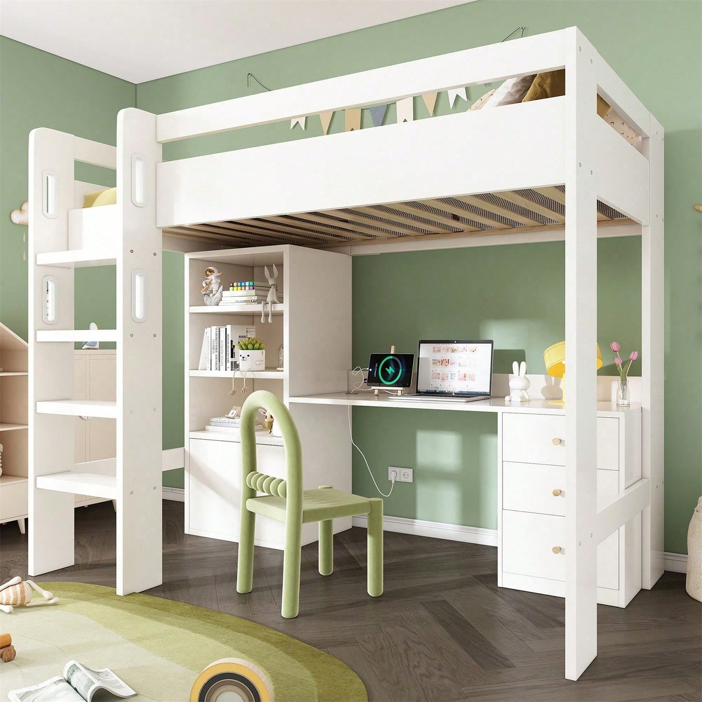 Kinderbett Hochbett mit USB-C Schreibtisch, Kleiderschrank und Aktenschrank, Jugendbett Einzelbett mit Treppe und Lattenrost, Stauraum,90*200, Ohne Matratze