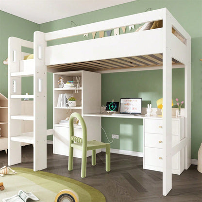 Kinderbett Hochbett mit USB-C Schreibtisch, Kleiderschrank und Aktenschrank, Jugendbett Einzelbett mit Treppe und Lattenrost, Stauraum,90*200, Ohne Matratze
