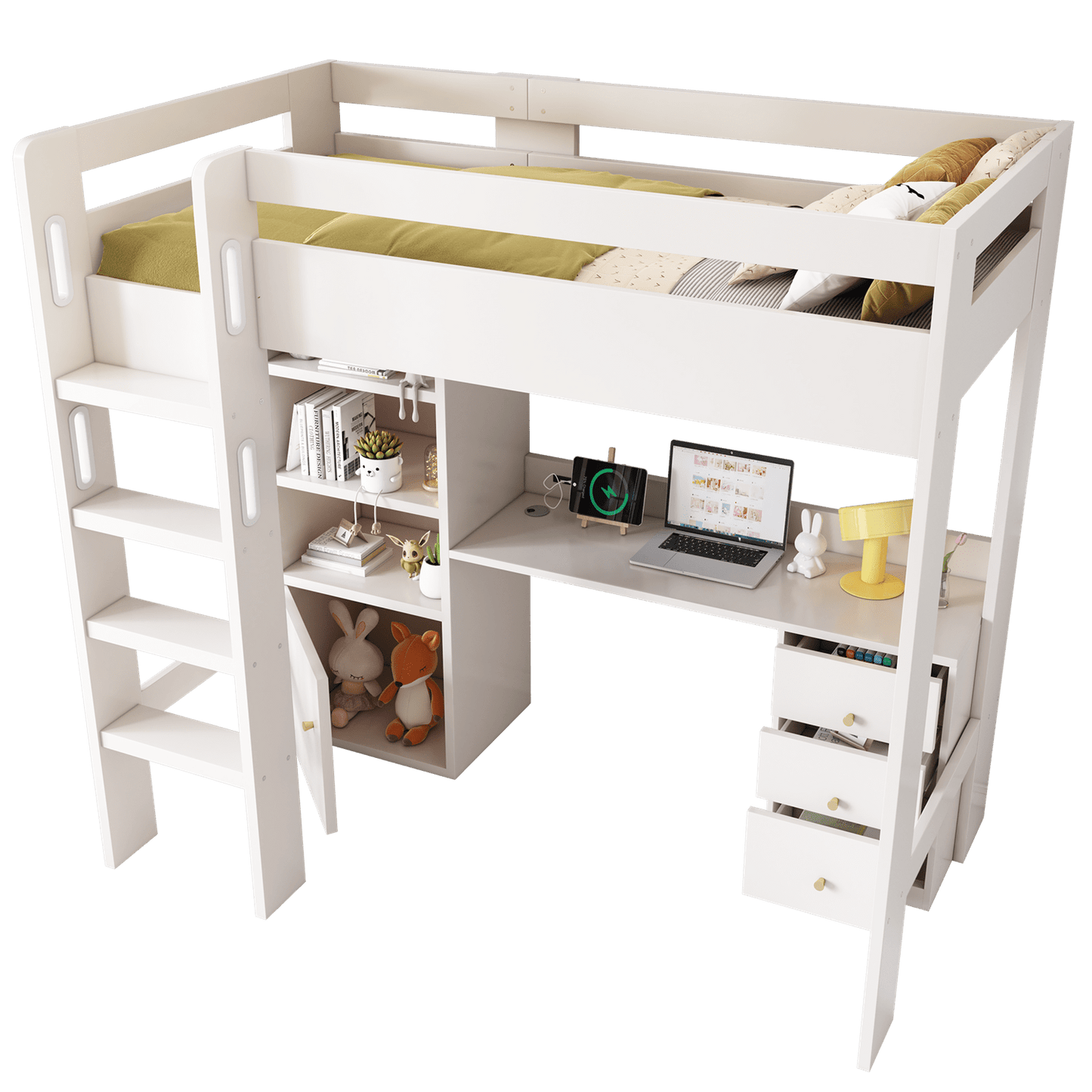 Kinderbett Hochbett mit USB-C Schreibtisch, Kleiderschrank und Aktenschrank, Jugendbett Einzelbett mit Treppe und Lattenrost, Stauraum,90*200, Ohne Matratze