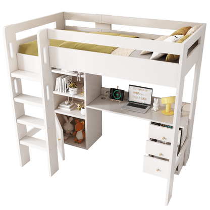 Kinderbett Hochbett mit USB-C Schreibtisch, Kleiderschrank und Aktenschrank, Jugendbett Einzelbett mit Treppe und Lattenrost, Stauraum,90*200, Ohne Matratze
