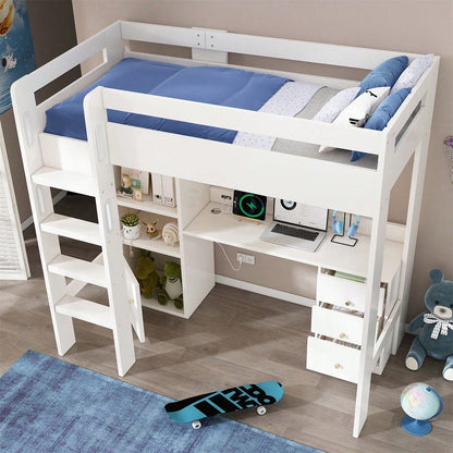 Kinderbett Hochbett mit USB-C Schreibtisch, Kleiderschrank und Aktenschrank, Jugendbett Einzelbett mit Treppe und Lattenrost, Stauraum,90*200, Ohne Matratze