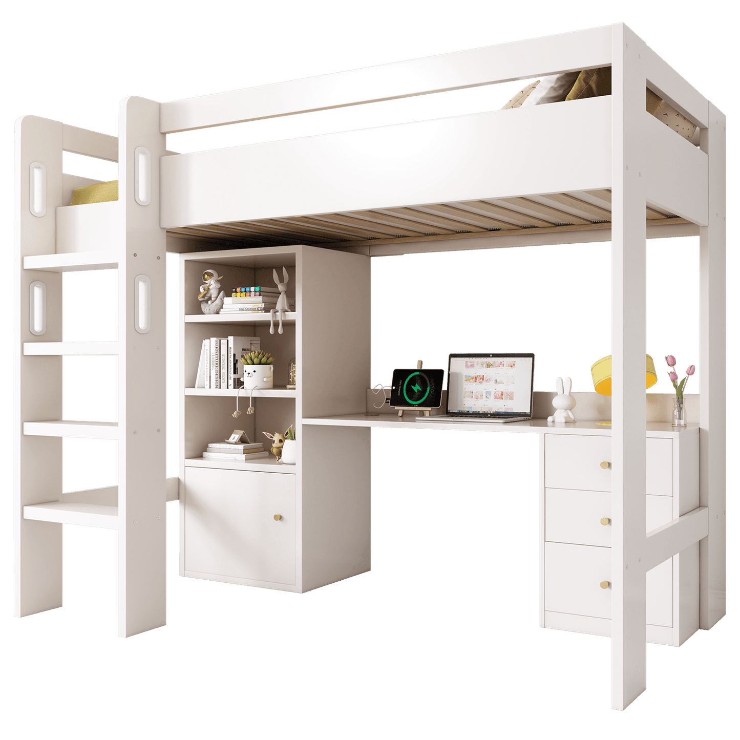 Kinderbett Hochbett mit USB-C Schreibtisch, Kleiderschrank und Aktenschrank, Jugendbett Einzelbett mit Treppe und Lattenrost, Stauraum,90*200, Ohne Matratze