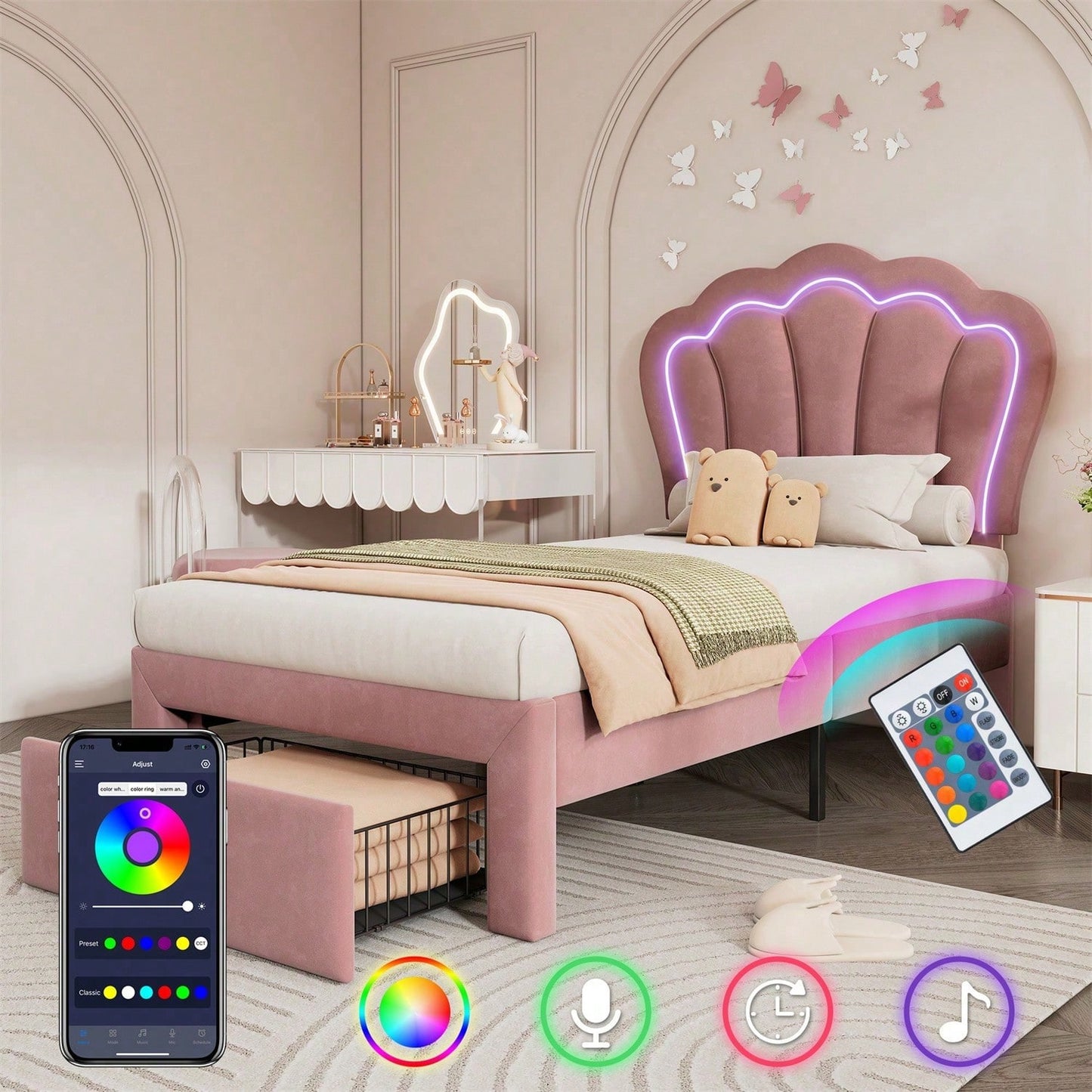 Kinderbett LED Einzelbett 90 x 190 cm mit Schubladen Polsterbett APP-Control LED Bettgestell Lattenrost und Verstellbares Kopfteil, Bettrahmen Jugendbett Samt Rosa