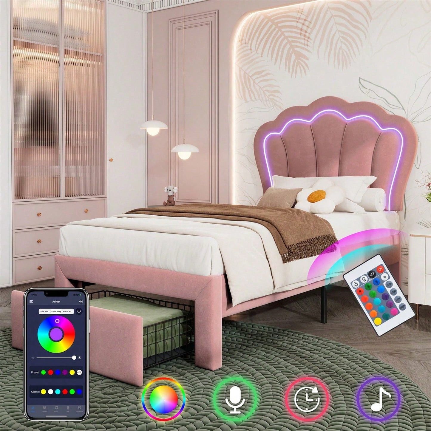 Kinderbett LED Einzelbett 90 x 190 cm mit Schubladen Polsterbett APP-Control LED Bettgestell Lattenrost und Verstellbares Kopfteil, Bettrahmen Jugendbett Samt Rosa