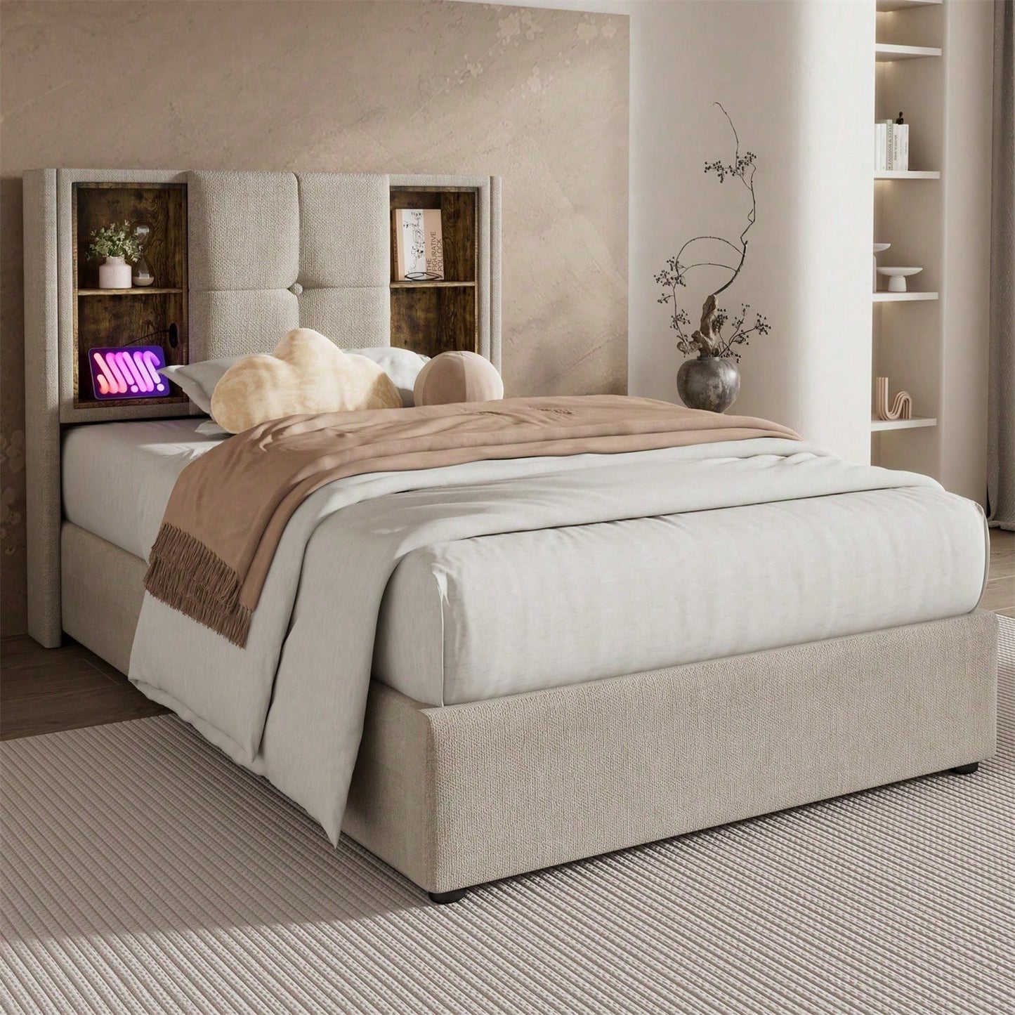 Einzelbett mit Kabellosem Laden USB C, Polsterbett Bettgestell 90x200cm,Bettgestell mit Stauraum Lattenrost aus Holz-Grau Baumwolle