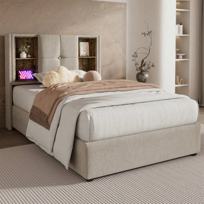 Einzelbett mit Kabellosem Laden USB C, Polsterbett Bettgestell 90x200cm,Bettgestell mit Stauraum Lattenrost aus Holz-Grau Baumwolle