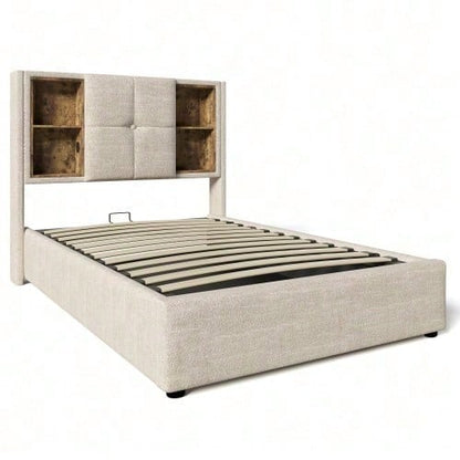 Einzelbett mit Kabellosem Laden USB C, Polsterbett Bettgestell 90x200cm,Bettgestell mit Stauraum Lattenrost aus Holz-Grau Baumwolle