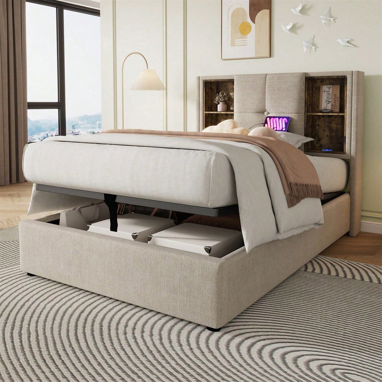 Einzelbett mit Kabellosem Laden USB C, Polsterbett Bettgestell 90x200cm,Bettgestell mit Stauraum Lattenrost aus Holz-Grau Baumwolle