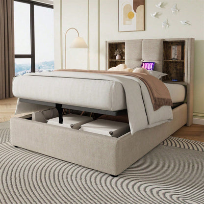 Einzelbett mit Kabellosem Laden USB C, Polsterbett Bettgestell 90x200cm,Bettgestell mit Stauraum Lattenrost aus Holz-Grau Baumwolle