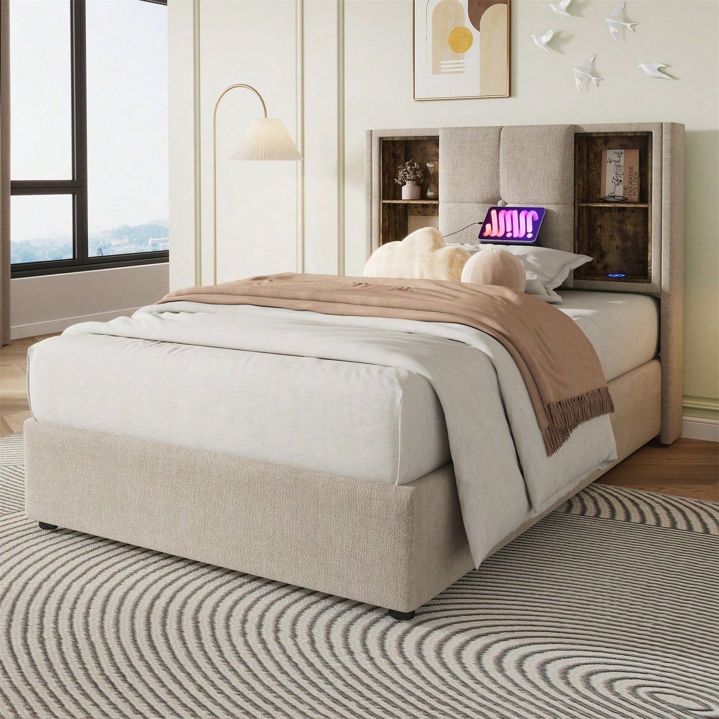 Einzelbett mit Kabellosem Laden USB C, Polsterbett Bettgestell 90x200cm,Bettgestell mit Stauraum Lattenrost aus Holz-Grau Baumwolle
